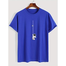 Unisex Mini Astranot Tasarım Basklı Tshirt Mavi