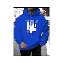Medinenur Nyc Baskılı Kapüşonlu Cepli Sweatshirt Mavi