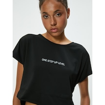 Koton Crop Spor Tişört Slogan Baskılı Bisiklet Yaka Siyah 5wak10002nk Siyah