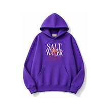 Herkesemoda Salt Water Baskılı Kapüşonlu 2 İplik Şardonlu Sweatshirt Mor