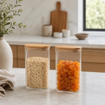 Bambu Kapaklı Dikdörtgen Cam Kavanoz 2'li Set 1500 Ml, Şeffaf Erzak Saklama Kabı, Mutfak Düzenleyici Cam Kavanoz Seti, Bakliyat Makarna Kahve Pirinç Saklama Kabı Çok Renkli