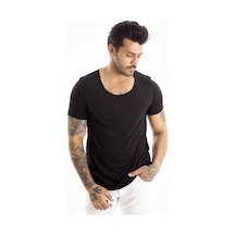 Deepsea Erkek Siyah Geniş Yaka Likralı Tişört Oval Yaka Slim Fit Eteği Oval Açık Yaka T-shirt 1801199 Siyah