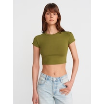 Dilvin 31810 Bisiklet Yaka Crop T-shirt-yağ Yeşil Yağ Yeşil