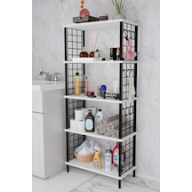 5 Raflı Çevir-kur Raf Ünitesi Telli Metal Gövdeli Organizer Banyo, Mutfak, Balkon, Antre Uyumlu Beyaz