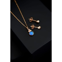 Papatya Silver 925 Ayar Gümüş Rose Kaplama Mavi Opal Yuvarlak Kolye Çivili Top Küpe Set