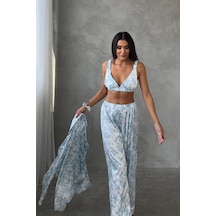 Mavi Kuş Dijital Baskılı Uzun Saten Üçlü Pijama L Beyaz - Açık Mavi