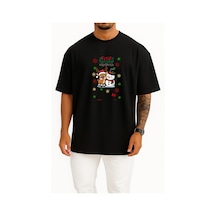 Bahriyeli Collection Oversize Feliz Navidad Yeni Yıl Yılbaşı Geyik Kardanadam Göğüs Tasarımlı Unisex T-shirt Siyah