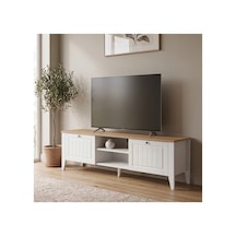 Mebran 2 Kapaklı Raflı Tv Ünitesi Modern Televizyon Sehpası Ahşap Görünümlü Salon Tv Standı Beyaz
