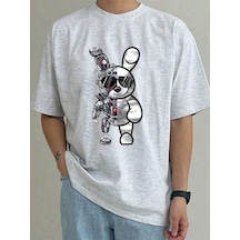 Robotic Rabbit Süprem T-shirt - Gri Baskılı Oversize Bisiklet Yaka Tişört Gri-75866