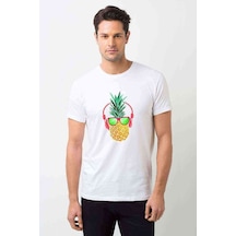 Ananas Retro Gözlük Baskılı Beyaz Erkek Tshirt