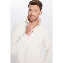Tudors Unisex Relax Fit Rahat Kesim Fitilli Desenli Pamuklu Yarım Fermuarlı Ekru Dik Yaka Sweatshirt-31978 Ekru