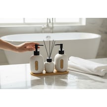 Bounies Banyo Seti Takımı - Sıvı Sabunluk Seti Bambu Altlıklı 4 Parça Bej Bej