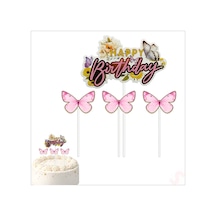 Kelebekli Happy Birthday Pasta Süsü 4 Lü Set - Pembe
