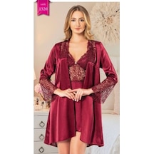 Carmella 1330 Ipek Saten 6 Lı Kadın Gecelik Sabahlık Takım Bordo