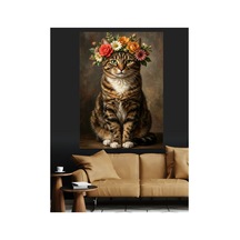 Çiçek Tacı Takmış Masum Kedi Portresi Yağlı Boya Dokulu Kanvas Tablo Canvas Tablosu