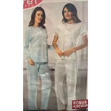 Poleren 5684 Kadın Dantelli Uzun Kollu Pijama Takımı-mavi