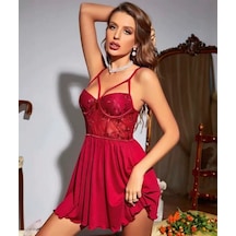 Ang Butik Kadın Bordo Dantel İşlemeli Göğüs İp Detaylı Saten Gecelik Takımı