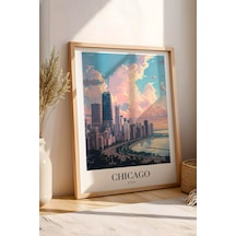 Chicago Usa Vintage Seyahat Posteri Çerçeveli Tablo - Premium City Skyline Elit Duvar Dekoru Kayın
