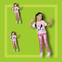 Lolliboomkids Kız Çocuk Metalik Pembe Renktaytlı Kısa Kol Mickey Baskı T-shirt 2'li Takım
