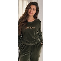 Mihra Mıhra Kadife Haki Bonjur Yazan Kadın Pijama Takımı