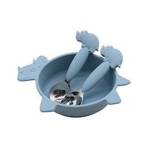 Jianfan Karikatür Mama Kasesi Seti Bebek Silikon Kaşık Çatal Paslanmaz Çelik Mavi Mavi