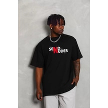 Yake Store Unisex Bisiklet Yaka Double Oversize Baskılı T-shirt - Siyah - Siyah