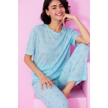 Siyah İnci Pointel Ajurlu/delikli Bisiklet Yaka Örme Pijama Takım mavi
