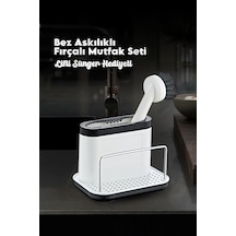 Grimorlife Fırçalı Telli Mutfak Seti Beyaz - Standlı Plastik Mutfak Lifli Sünger Hediyeli Beyaz