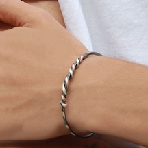Rose Gold Çizgili Dolamalı Otantik Gümüş  Kelepçe