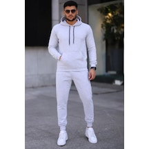 Erkek İki İplik Kapüşonlu Kanguru Cepli Sweatshirt Jogger Pantolon Alt Üst Eşofman Takımı -beyaz