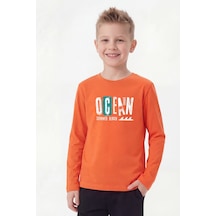 Panios Kids Yuvarlak Yaka Uzun Kollu Baskı Detaylı Erkek Çocuk Sweatshirt Turuncu