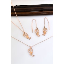 925 Ayar Gümüş Rose Kaplama Gül Kolye Küpe Bileklik Set