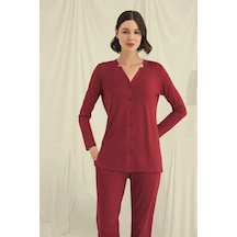 Mega Fair Uzun Kollu Düğmeli V Yaka Pijama Takımı Kırmızı
