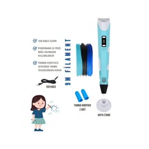 Mavi  3D Kalem 3D Pen Yazıcı Kalem – 3 Adet 3 Metrelik PLA Filament (Toplam 9M) + USB Kablo