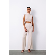 Sateen Bel Aksesuarlı Pantolon - Bej
