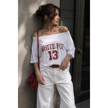 Beyaz Kayık Yaka Oversize Baskılı Tişört Mg2824