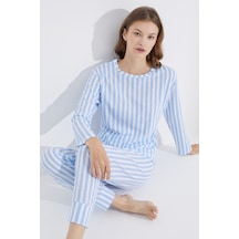 Siyah İnci Jogger Örme Pijama Takım 7703 Mavi Beyaz