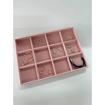 Yerli Üretim Süet Kumaş Pembe Renk 34 Cm / 24 Cm 12 Bölmeli Çekmece Içi Takı Standı Çok Renkli