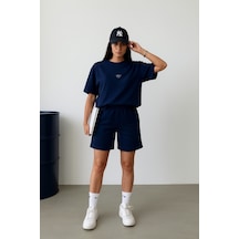 Ugly Baskılı Lacivert Şort T-shirt Takım Oversize Bisiklet Yaka Tişört Takım Unisex Mavi