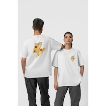 Pizza Ön-arka Baskılı %100 Pamuk Beyaz Kadın/erkek Unisex Rahat Kalıp Oversize T-shirt Beyaz