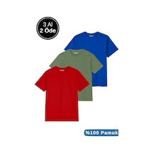 Rich Erkek 3'lü Paket Kırmızı-mavi-koyu Yeşil Pamuklu Oversize Tişört Bisiklet Yaka Kısa Kollu T-shirt Kirmizi