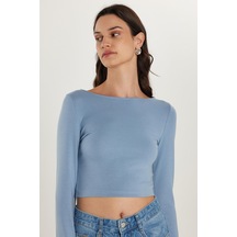 Tudors Kadın Slim Fit Dar Kesim Modal Kumaş Uzun Kollu Bisiklet Yaka Açık Mavi Bluz-34625 Açık Mavi