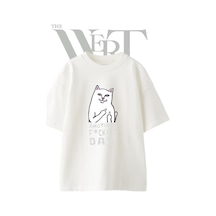 Thewert Orta Parmak Kedi Tasarım Baskılı Ünisex Beyaz Oversize T-shirt