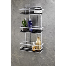 3 Katlı Yapışkanlı Banyo Duş Rafı – Ayarlanabilir Kristal Raf (Yapıştır/Vidala) Beyaz-Siyah - LŞ-03 - BS