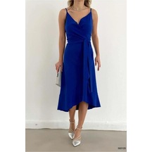 Veraura Lifestyle Kadın V Yaka Kuşaklı Midi Askılı Elbise Saks