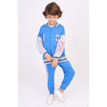 Toontoy Kids Toontoy Erkek Çocuk 2'li Takım Baskılı Kolej Yaka Fermuarlı Sweatshirt & Beli Paçası Lastikli Jogger Eşofman Altı - Renk Bloklu & 2 İplik Saks