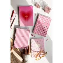 A5 Spiralli Karton Kapak 4'lü Set Kareli Okul Defteri 80 Yaprak - Ders Programlı Pembe Kurdele Kalp