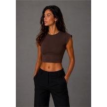 Parshey Kadın Crop Body Kısa Kollu Slim Fit Basic Crop Top Bisiklet Yaka Bluz Kahverengi