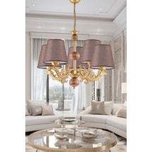 Beş Kollu Ahşaplı Eskitme Zamak Metal Döküm Avize Kahverengi Şapkalı Kahverengi