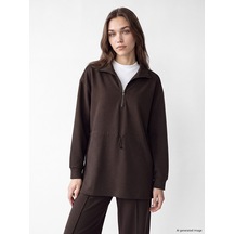 Lcw Modest Kahverengi Dik Yaka Oversize Kadın Sweatshirt Tunik
